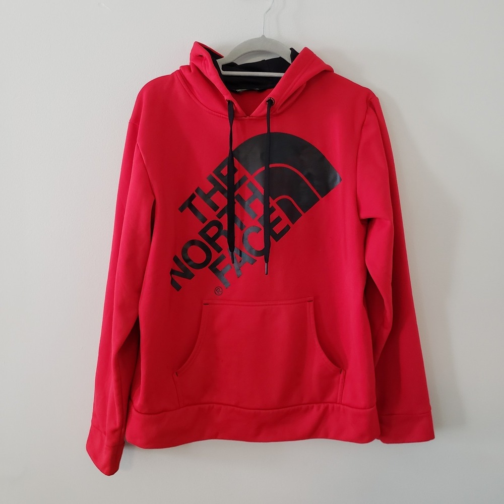 The North Face Mens Pullover Hoodie Size L Outdoor Logo Drawstring Pockets Red